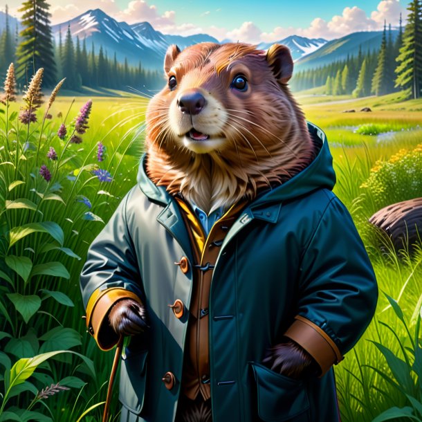 Drawing of a beaver in a coat in the meadow