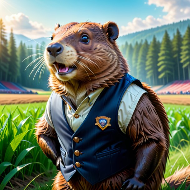 Drawing of a beaver in a vest on the field