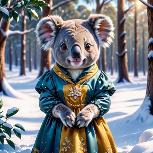 Picture of a koala in a dress in the snow