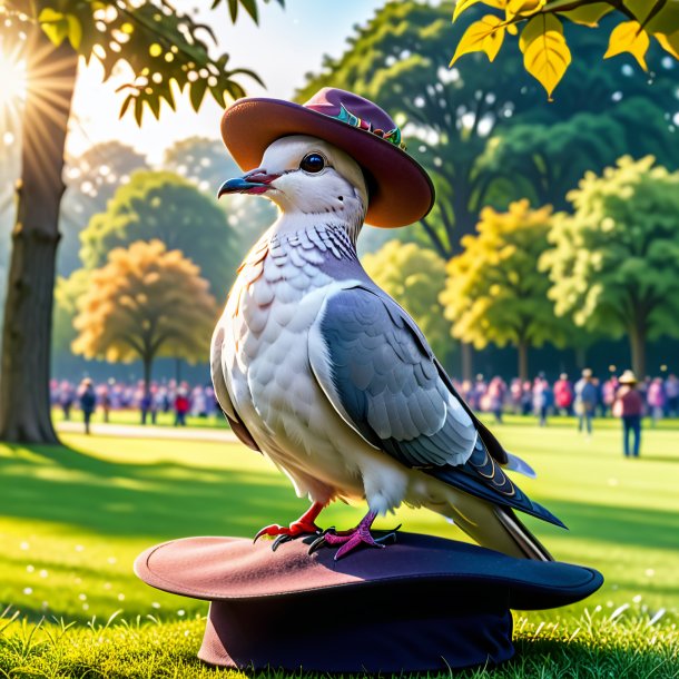 Imagen de una paloma en un sombrero en el parque