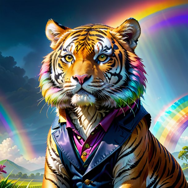 Illustration of a tiger in a vest on the rainbow