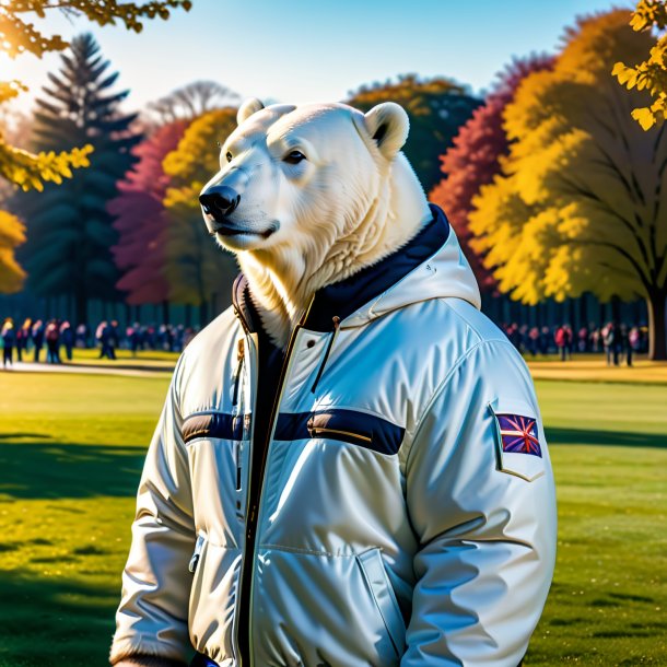 Foto de un oso polar en una chaqueta en el parque