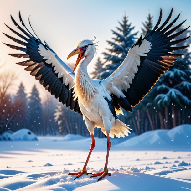 Photo of a angry of a stork in the snow