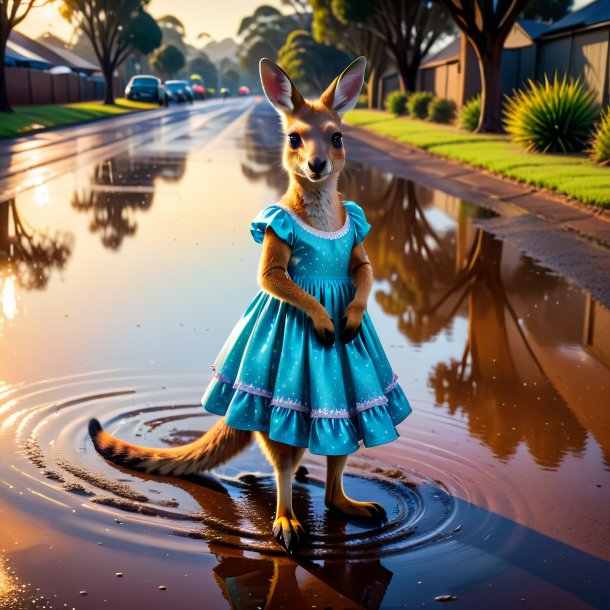 Picture of a kangaroo in a dress in the puddle