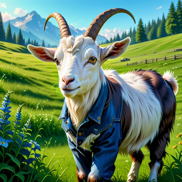 Illustration of a goat in a jeans in the meadow