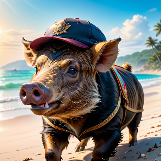 Picture of a boar in a cap on the beach