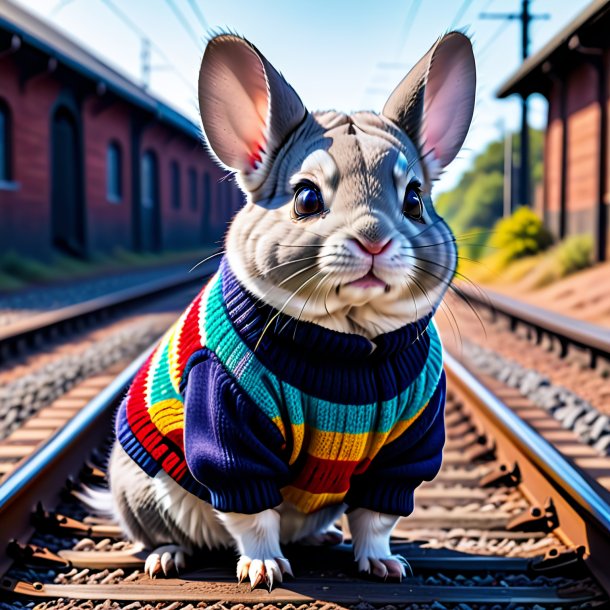 Foto de una chinchillas en un suéter en las vías del tren