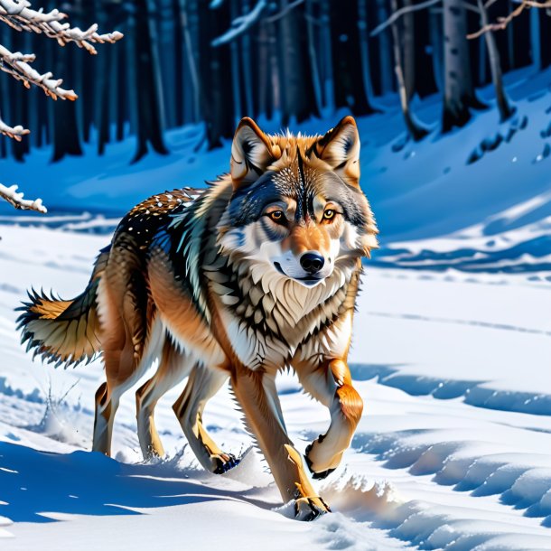 Natação de um lobo na neve