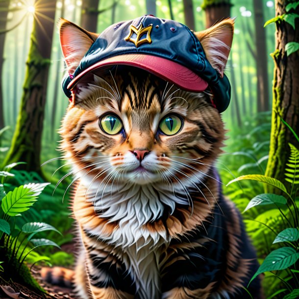 Image of a cat in a cap in the forest