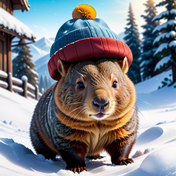 Picture of a wombat in a cap in the snow