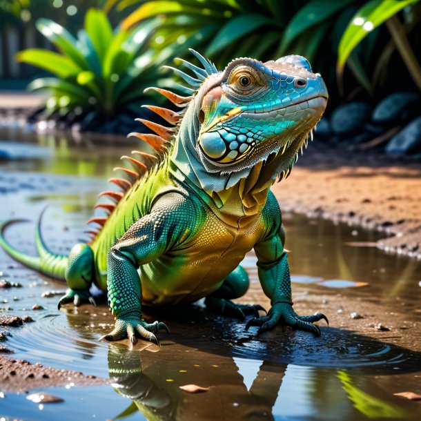 Picture of a dancing of a iguana in the puddle