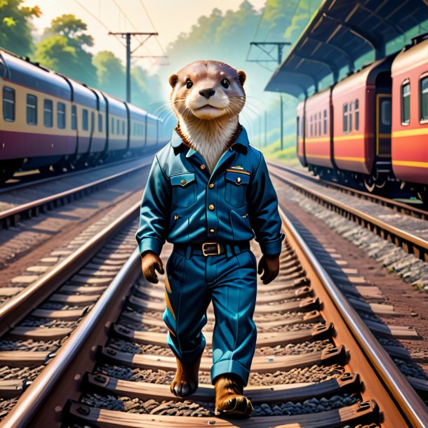 Illustration of a otter in a trousers on the railway tracks