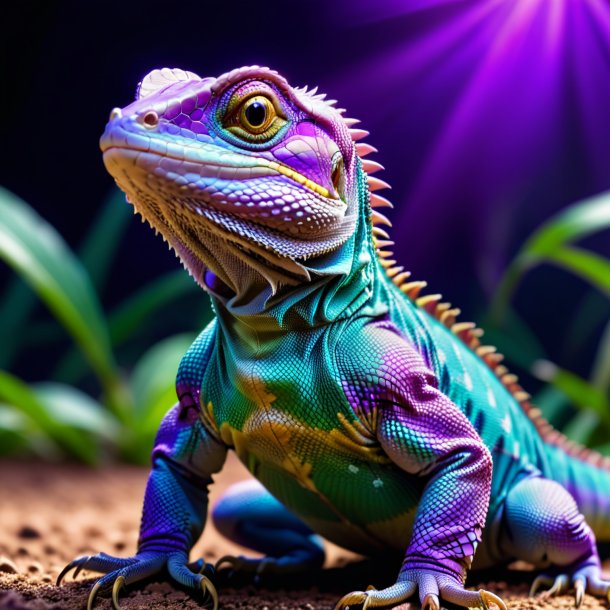 Foto de um lagarto em um cinto roxo