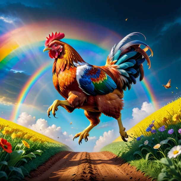 Photo of a jumping of a hen on the rainbow