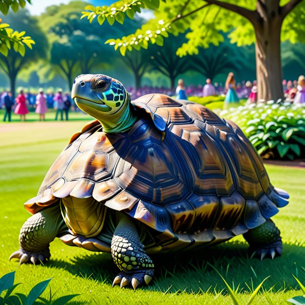 Image of a tortoise in a dress in the park