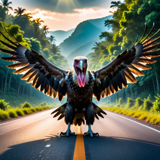 Image of a threatening of a vulture on the road