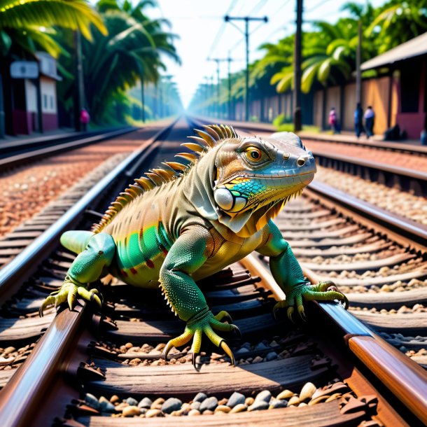 Pic of a playing of a iguana on the railway tracks