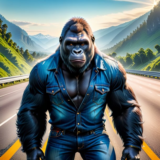 Image of a gorilla in a jeans on the highway