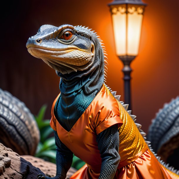 Pic of a monitor lizard in a orange dress