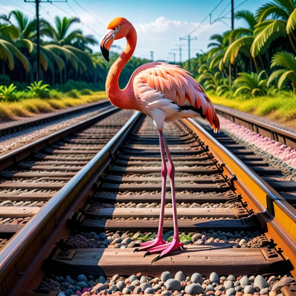 Foto de una sonrisa de un flamenco en las vías del tren