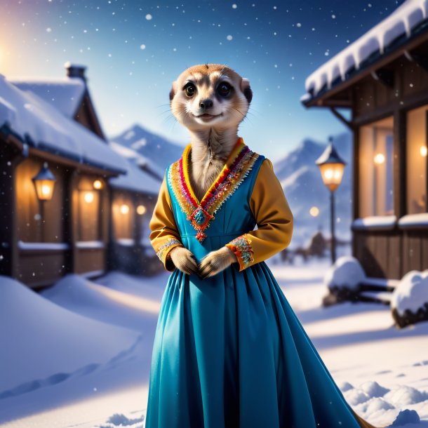 Photo of a meerkat in a dress in the snow