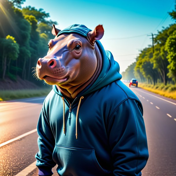 Image of a hippopotamus in a hoodie on the road