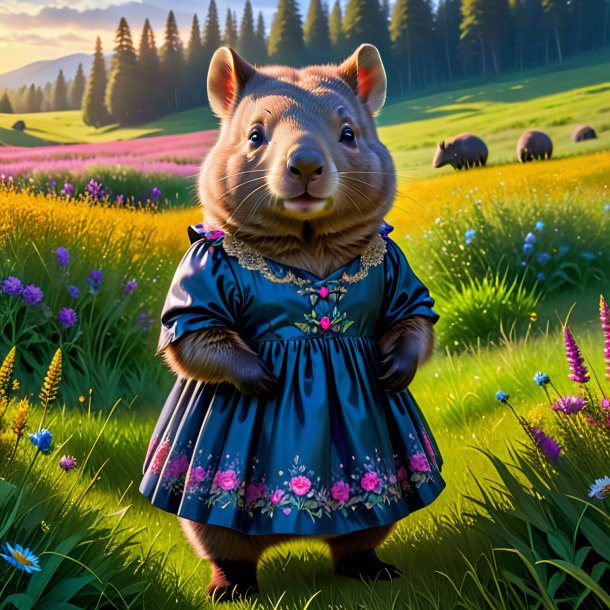 Pic of a wombat in a dress in the meadow