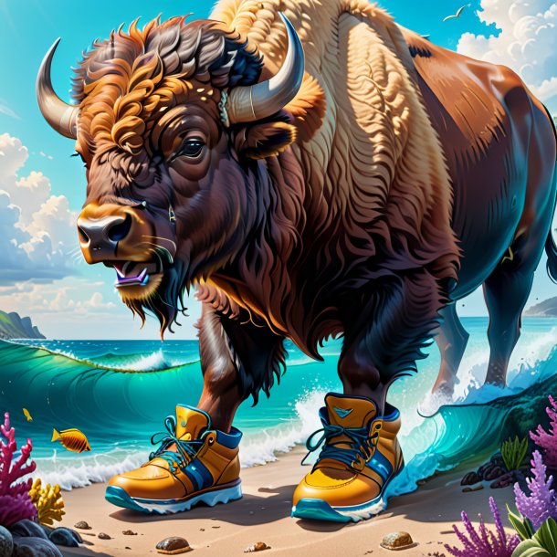 Desenho de um bisonte em um sapatos no mar