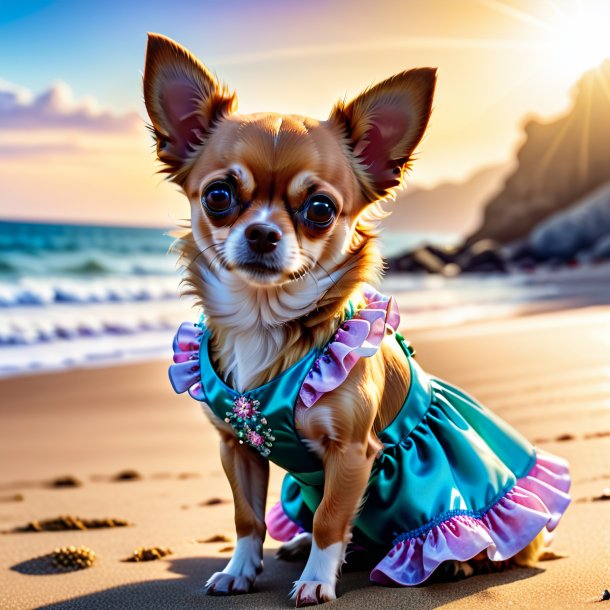 Foto de um chihuahua em um vestido na praia