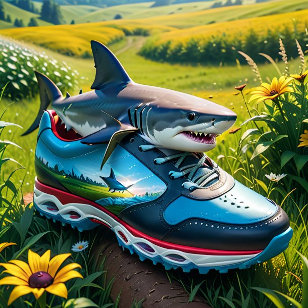 Pic d'un requin dans une chaussure dans la prairie