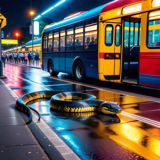 Uma foto de um mergulho de uma cobra no ponto de ônibus