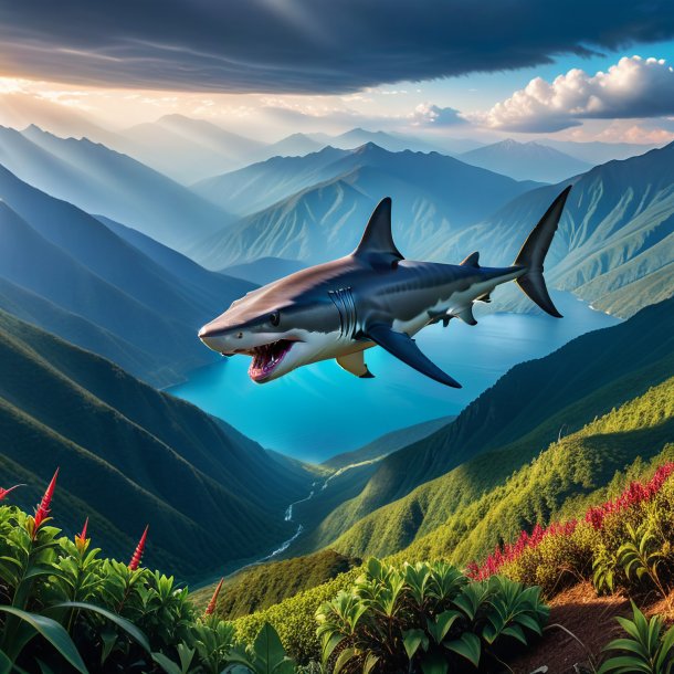 Photo of a angry of a hammerhead shark in the mountains