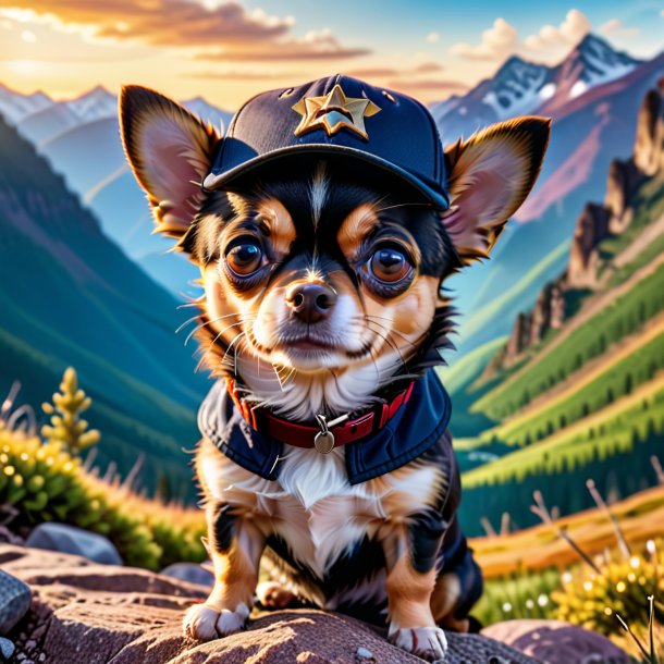 Foto de um chihuahua em um boné nas montanhas