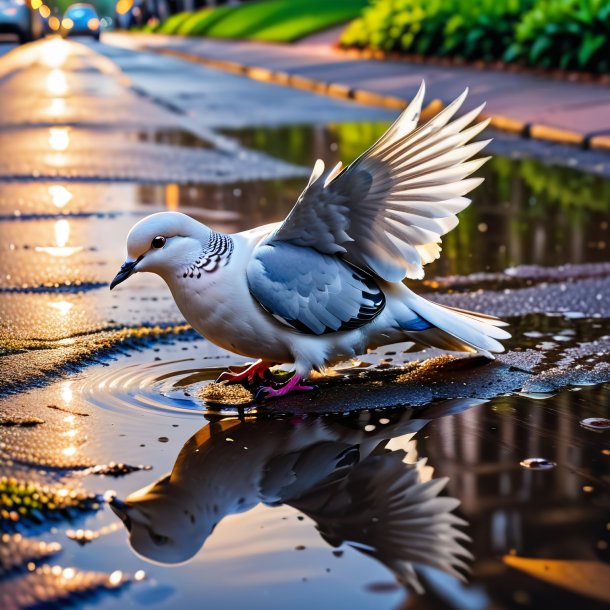 Foto de uma pomba em um sapatos na poça