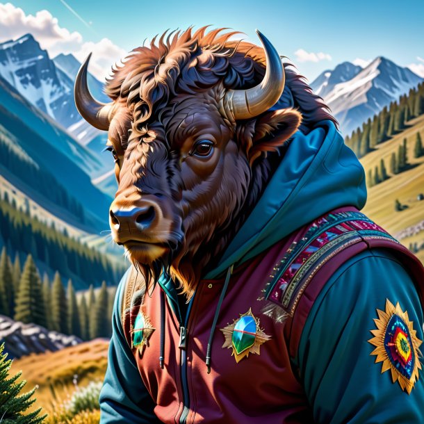 Photo of a bison in a hoodie in the mountains