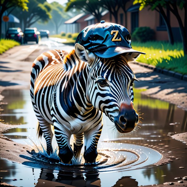 Illustration of a zebra in a cap in the puddle