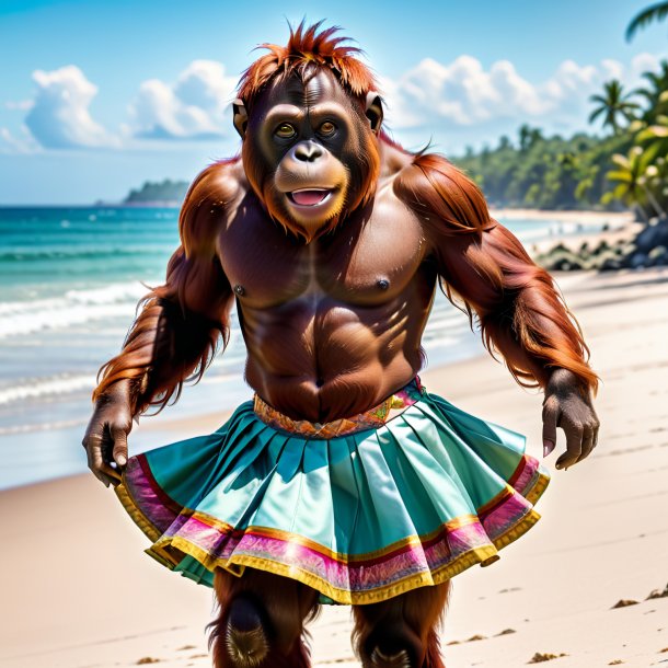 Image of a orangutan in a skirt on the beach