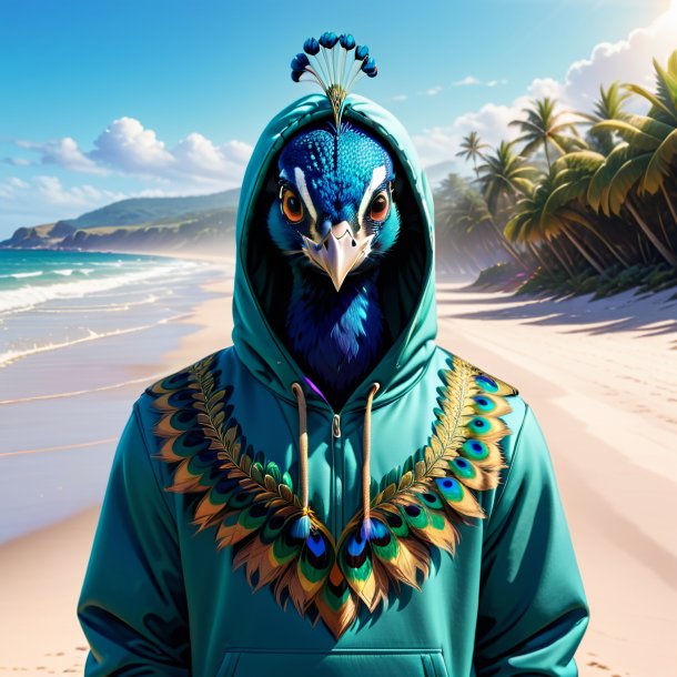 Illustration of a peacock in a hoodie on the beach