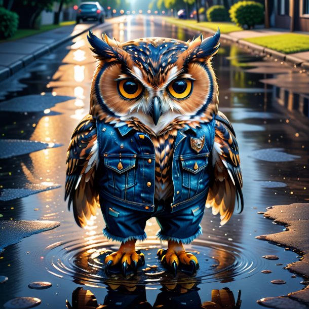 Illustration of a owl in a jeans in the puddle