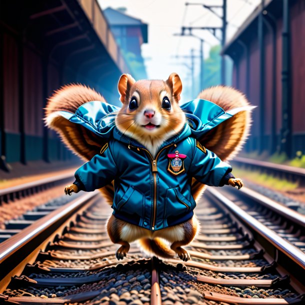 Picture of a flying squirrel in a jacket on the railway tracks