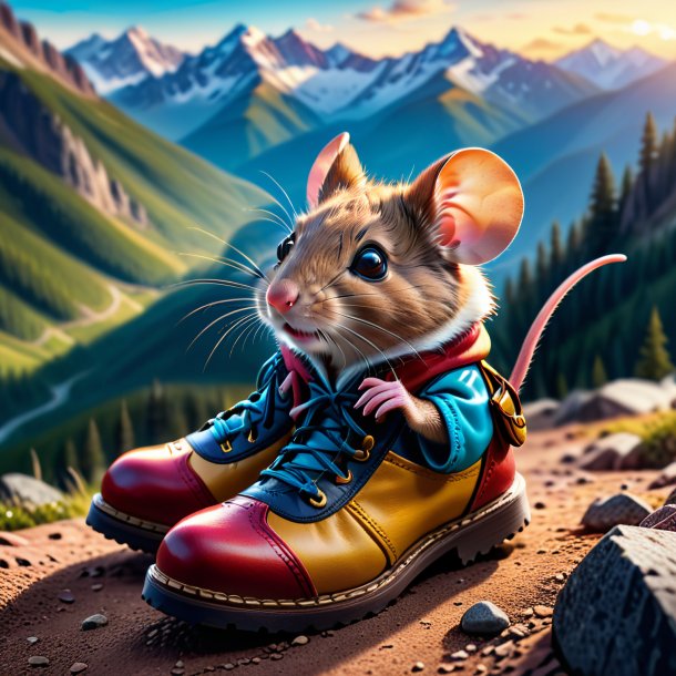 Pic of a mouse in a shoes in the mountains