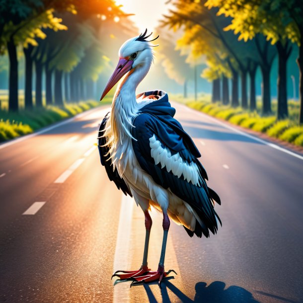 Photo of a stork in a hoodie on the road