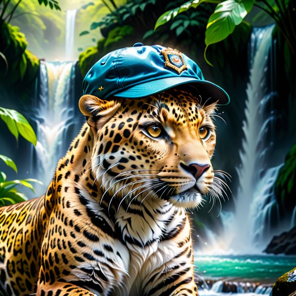 Drawing of a leopard in a cap in the waterfall