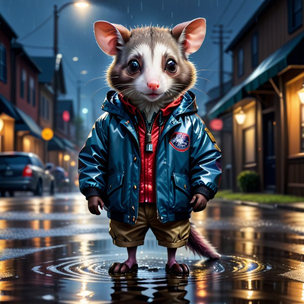 Drawing of a possum in a jacket in the puddle