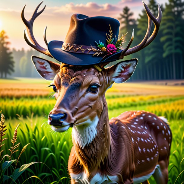 Image of a deer in a hat on the field