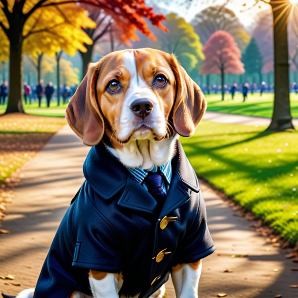 Foto de un beagle en un abrigo en el parque