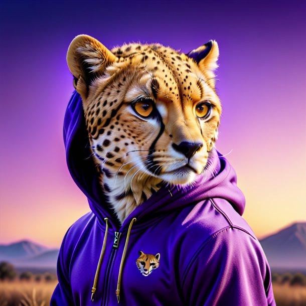 Image of a cheetah in a purple hoodie