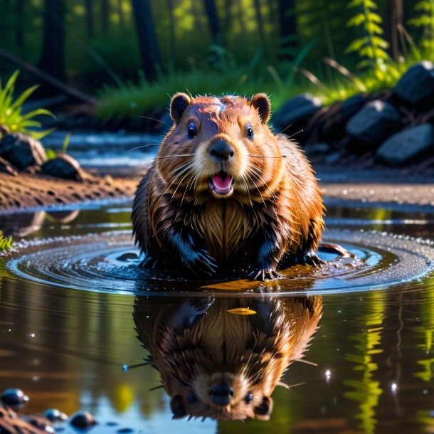 Pic of a playing of a beaver in the puddle