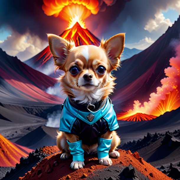 Picture of a chihuahua in a gloves in the volcano