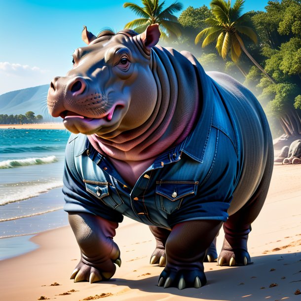 Photo of a hippopotamus in a jeans on the beach